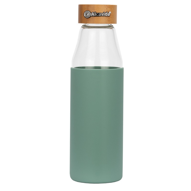 Botella reutilizable de cristal borosilicato Alcavida con tapa de bambú color verde